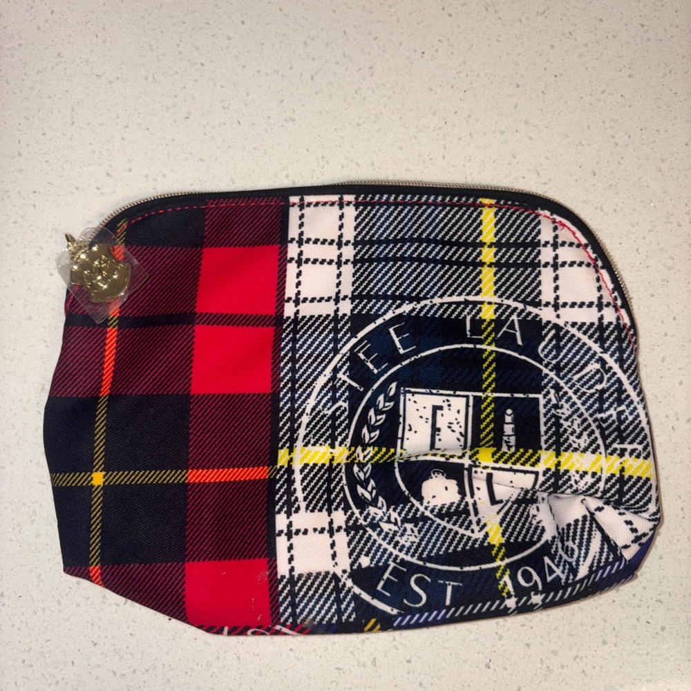Estee Lauder Red and Black Plaid Cosmetic Bag